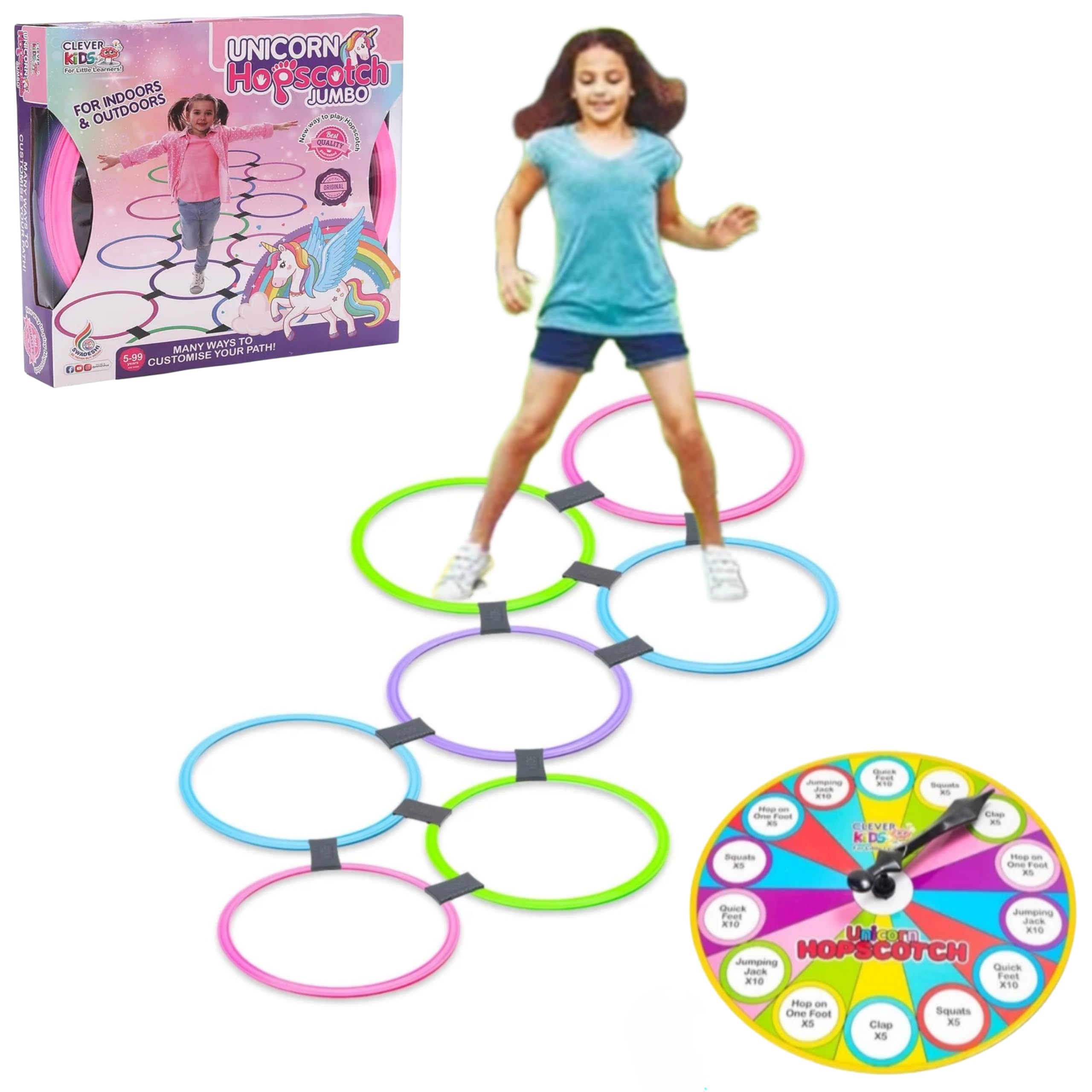 Unicorn Hopscotch Junior Indoor Play Set, 10n Colourful Rings, 12 Joints, Spinner Pack of 1 (10n colourfuk Rings,12n joits & 1n Spinner)
