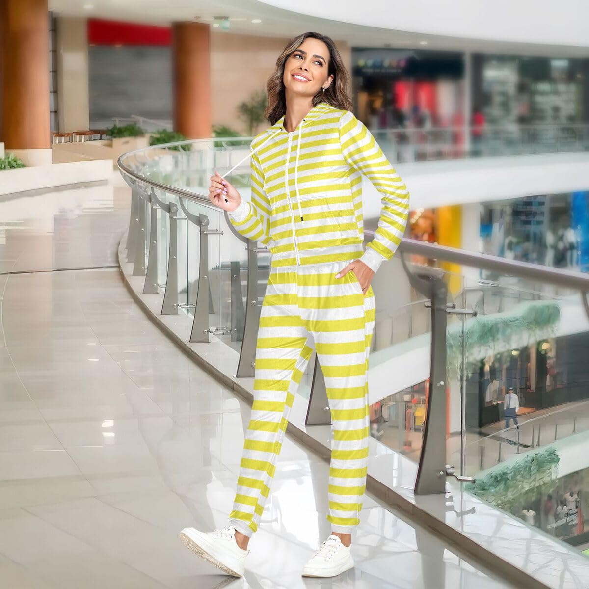 Conjunto deportivo de 2 piezas para mujer, diseño de rayas amarillas y blancas, conjunto deportivo de manga larga