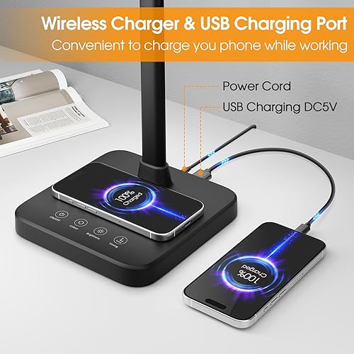 Miniatura 2 de ShineTech Lámpara de escritorio LED para oficina en casa, luz de escritorio de doble cabezal de 24 W con carga inalámbrica, puerto USB, 25 modos de