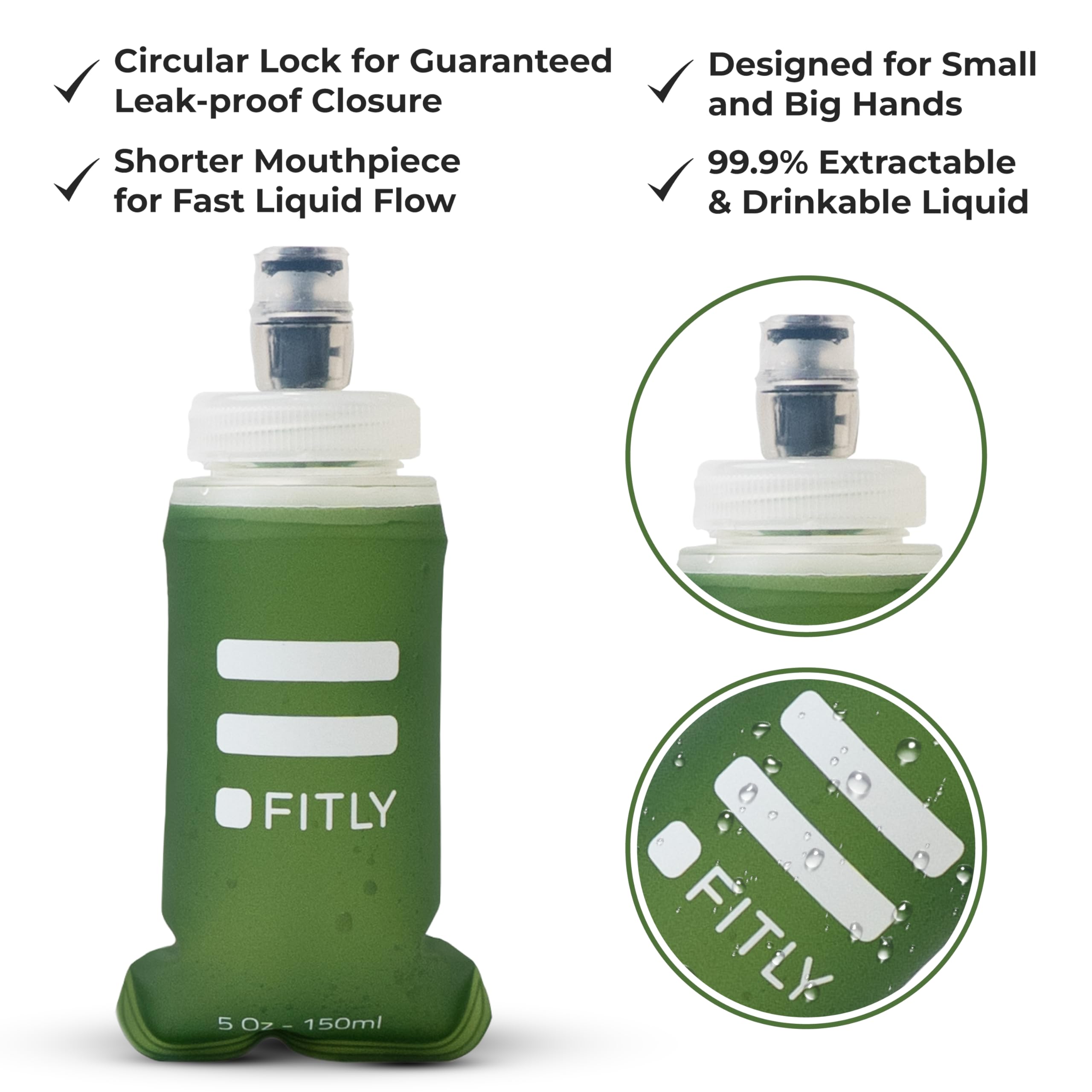 Soft Flask - 5 oz (150 ml) - Shrink As You Drink Pocket Soft Water Bottle for Hydration Pack/Running Vest - Folding Water Bottle for Running, Hiking, Cycling - Ski Water Bottles - Forest Green