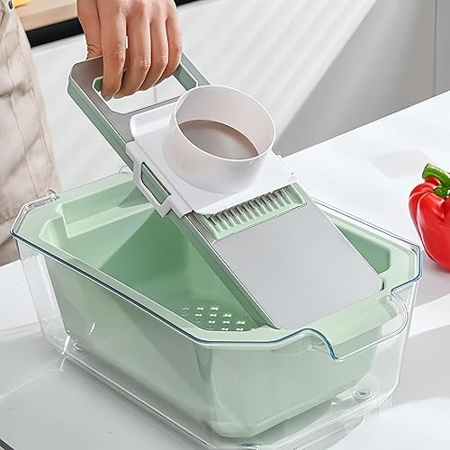 Miniatura 5 de Rallador de mandolina con cesta de drenaje, rallador de alimentos con contenedor, triturador de cocina 6 en 1 de acero inoxidable, rallador de