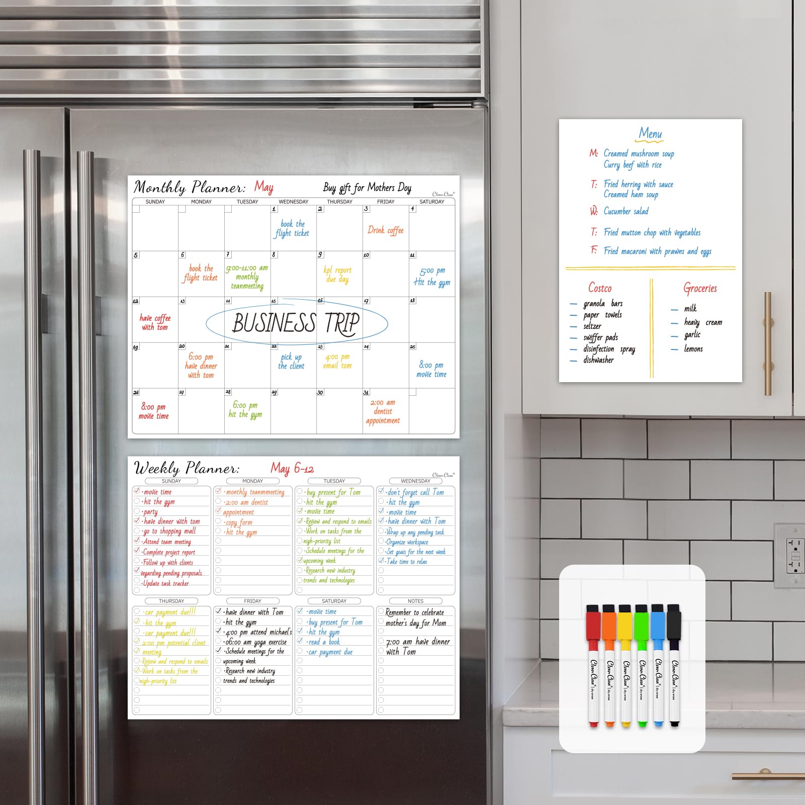 Clever Clean Set calendario non magnetico, cancellabile a secco, calendario mensile, planner settimanale e lavagna bianca bianca da attaccare al frigorifero, parete liscia, armadi e bicchieri. Idial