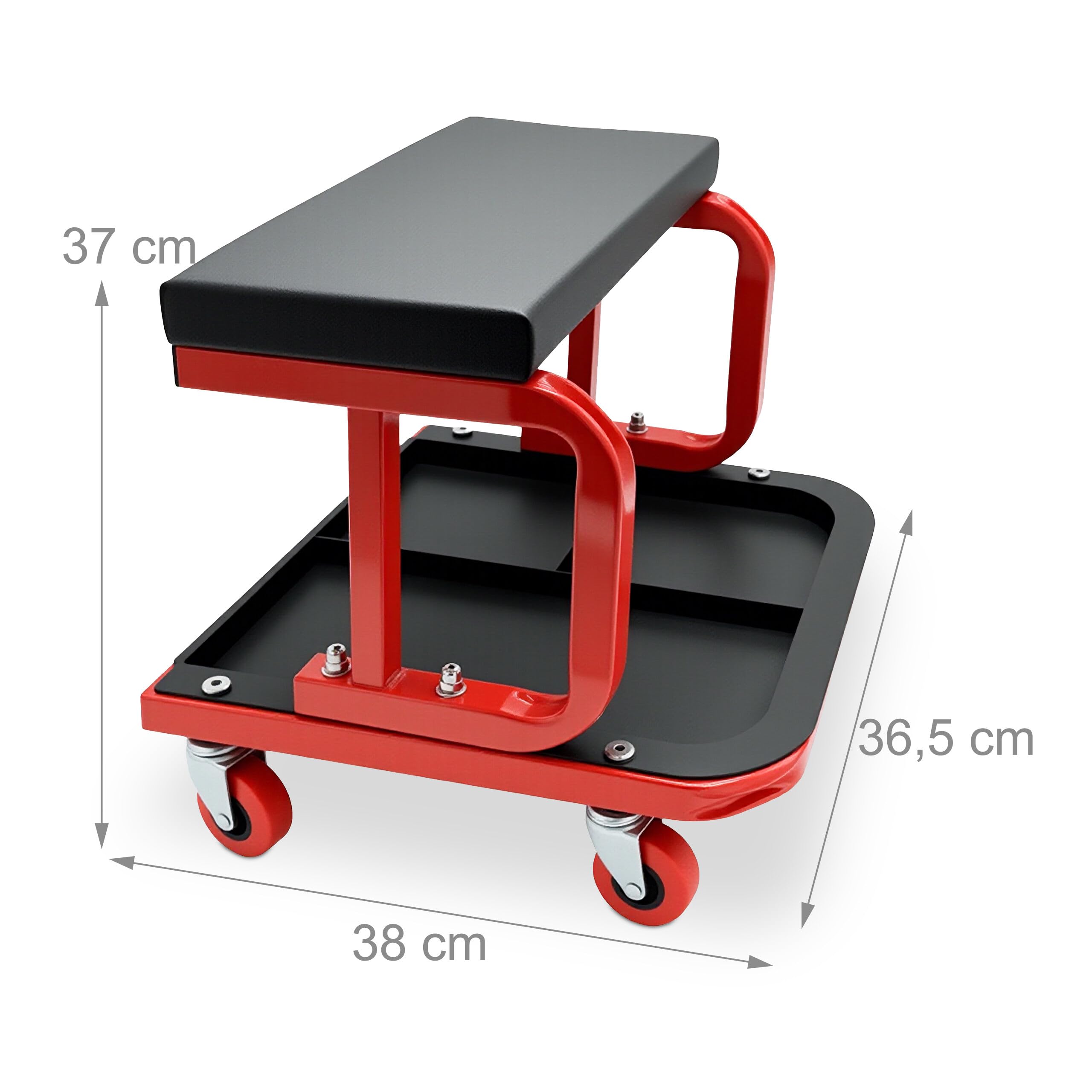 Tabouret d'atelier Relaxdays avec Rangement, jusqu'à 100 kg, Assise rembourrée, 4 roulettes, Noir-Rouge