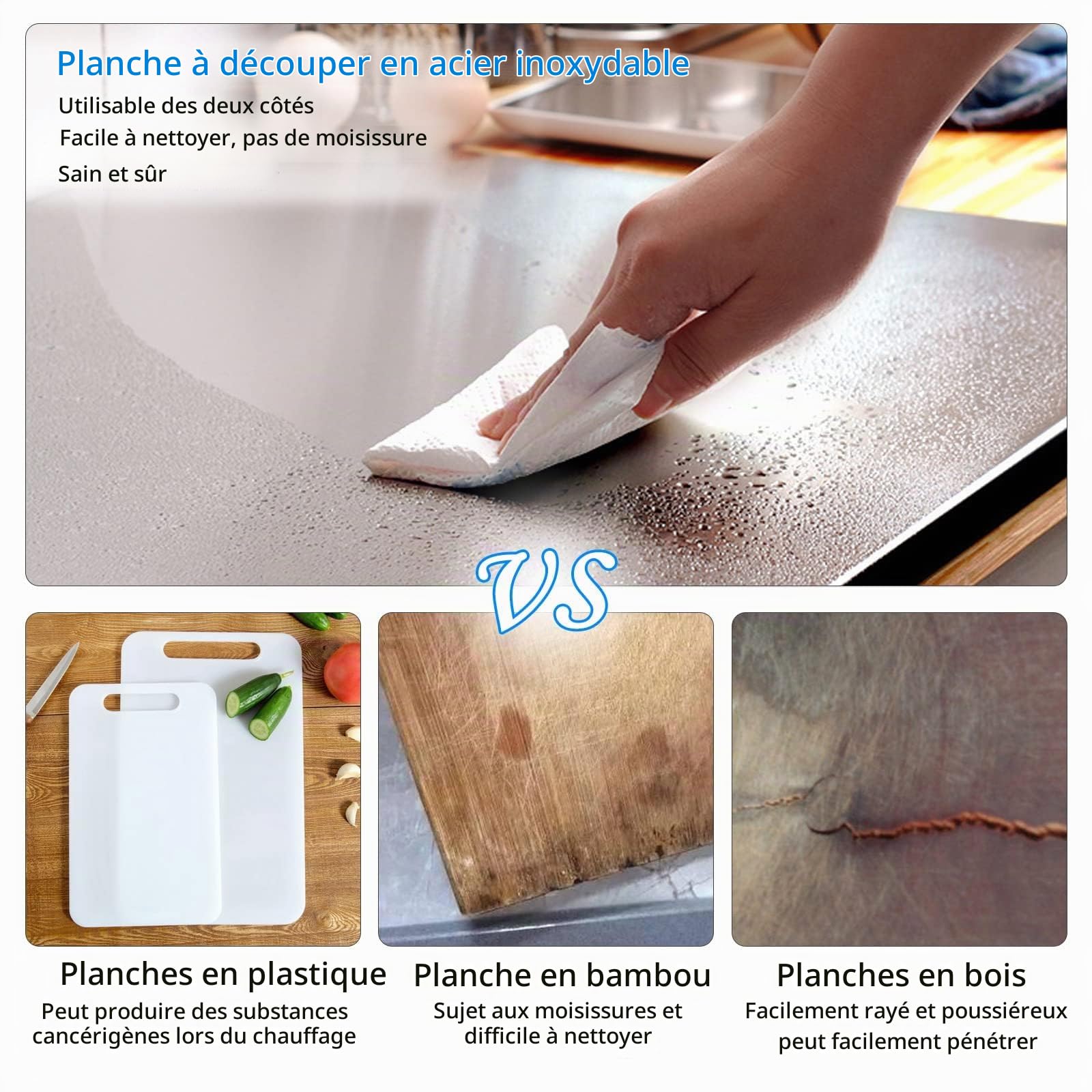50 x 50 cm - Grande planche à découper professionnelle en acier inoxydable - Avec tapis antidérapant - Pour pétrir pizza, pain, pâte, chocolat, gâteau