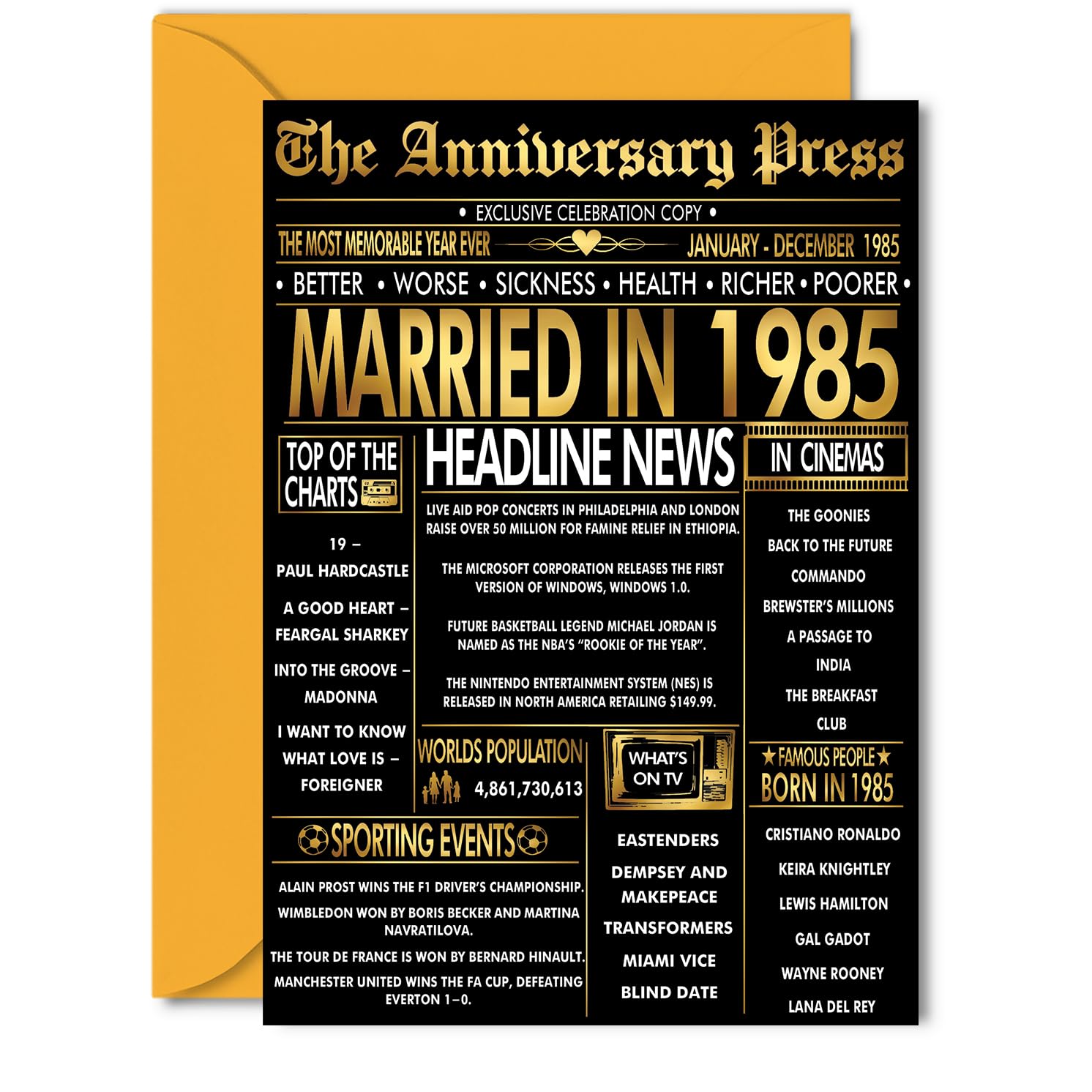 Gold 41st Anniversary Card for Women Men - Golden Newspaper Married in 1985-41 Year Wedding Anniversary Card for Wife Companion Husband Partner, 5x7 Inch Anniversaries Greeting Cards