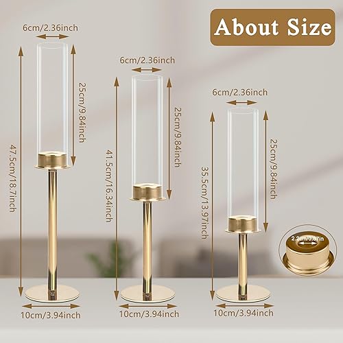 Miniatura 7 de Juego de 3 portavelas dorados, juego de portavelas estriado, alto, grande, largo, para huracán, decorativo, de metal, para bodas, fiestas,
