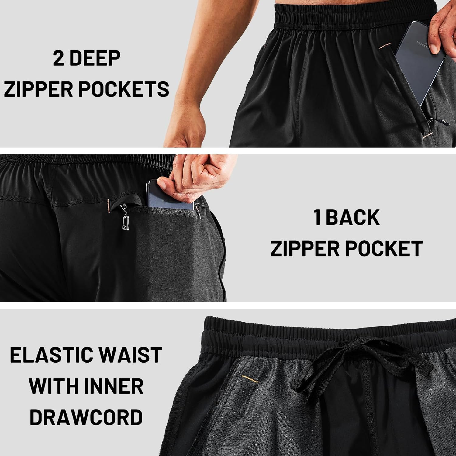 MIER Men's Quick Dry Running Shorts with Zipper Pocket Elastic Waist Athletic Workout Exercise Shorts - Image 3