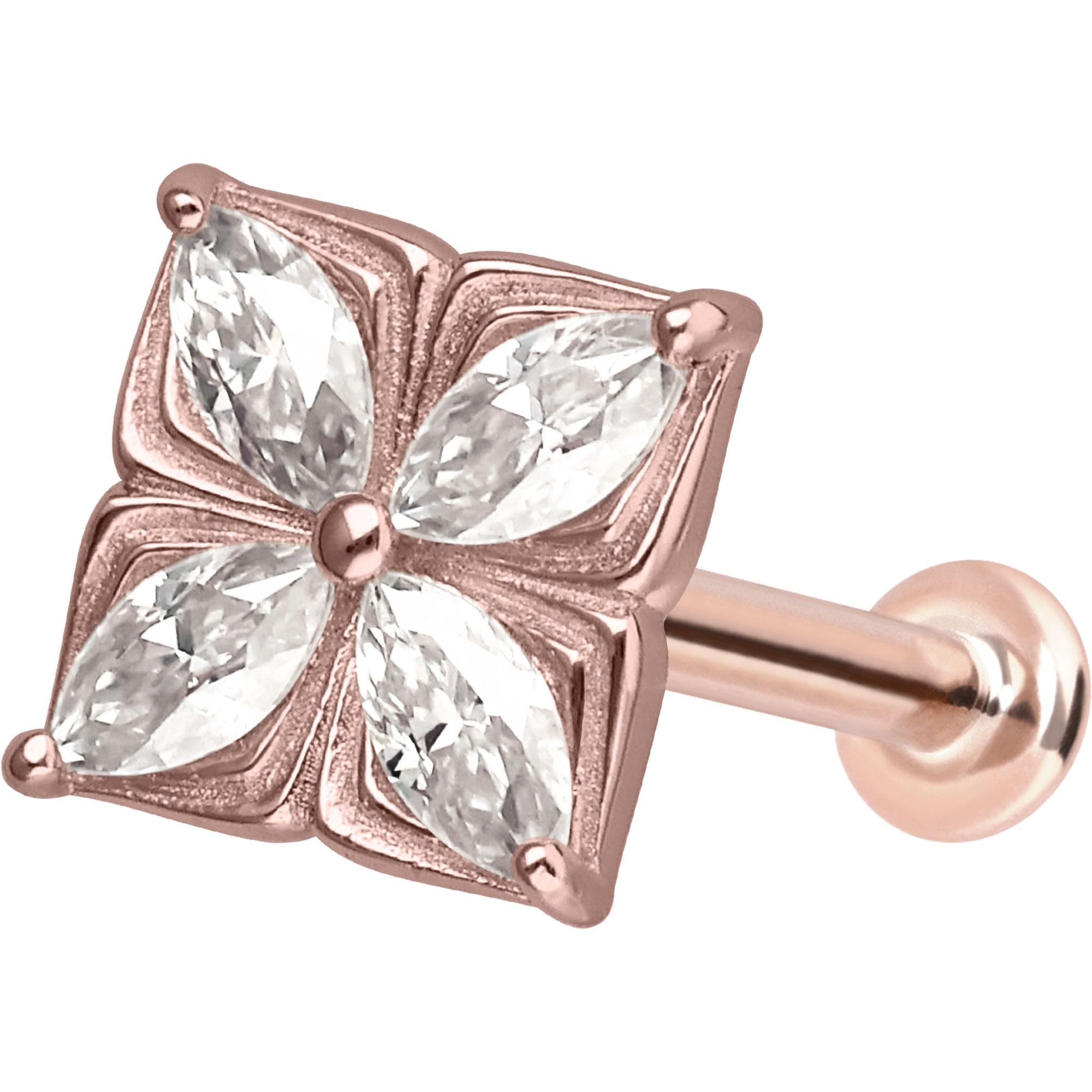 PIERCINGLINE Piercing Stecker 14 Gold Labret mit Innengewinde MOISSANIT-BLUME 585er Gold - Roségoldfarben, Goldfarben, Silberfarben