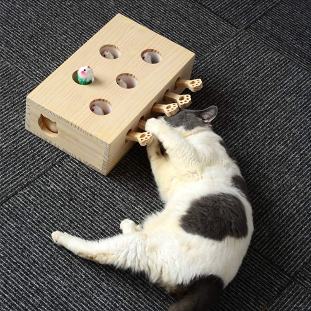 Jouet interactif pour Chat, Bois, Jouet, Taupe Souris, boîte à Puzzle avec Jouets de Dessin animé Mignon pour Chat, Chasse, Jeu, Exercice, gratter - 5 Trous,A