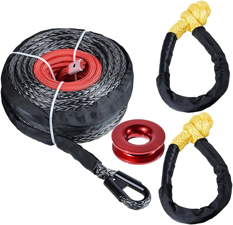 Black 95' x 3/8" Synthetic Winch Rope 20,500LB Recovery Cable + Pair Yellow 1/2" x 22" Soft Shackle Towing Straps + 1X Red Snatch Recovery Pulley Ring 41,000LB Kit
