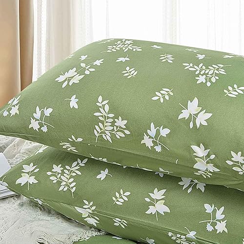 Miniatura 5 de Juego de edredón de tamaño matrimonial, juego de cama reversible con estampado floral verde y blanco, juego de cama alternativo de plumón