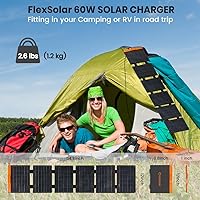 Vista 3 de FlexSolar Paneles solares portátiles de 60W con cargadores PD3.0 USB-C, QC3.0 USB-A y salidas DC. Plegables, impermeables IP67. Ideales