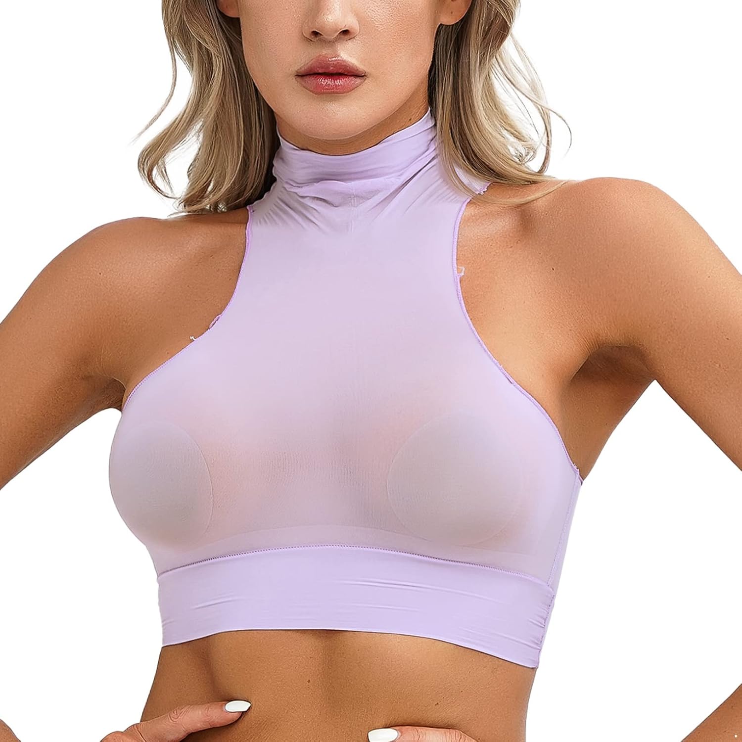 Hularka Women's Mock Neck Sleeveless Sheer Crop Top Solid Color Slim Fit Vest Top Nightwear