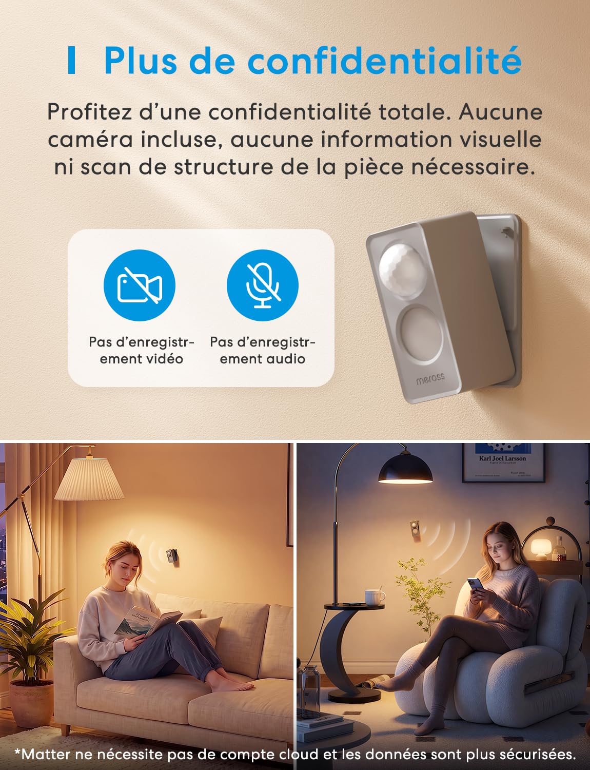 Meross Détecteur de présence Matter Over Thread, détection 3 Zones | Détecteur de mouvement et présence, radar mmWave, PIR & capteur de luminosité, Home Assistant, HomeKit, Alexa & Google Home