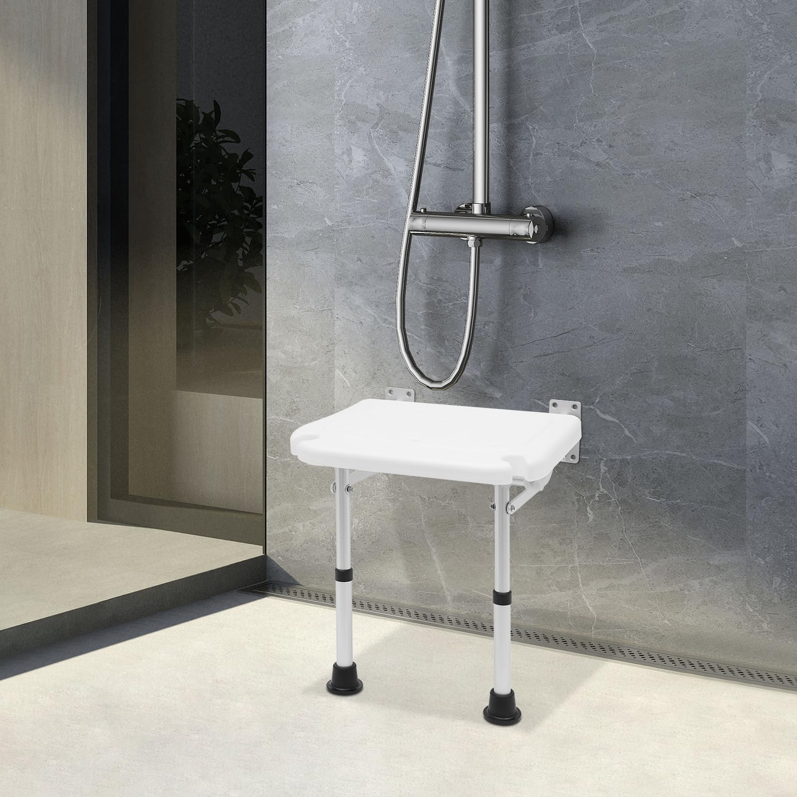 Asiento plegable de ducha para montaje en pared, silla de baño, taburete de ducha, asiento de ducha plegable, clip hasta 100 kg, asiento plegable para ducha con patas de apoyo, asiento plegable para