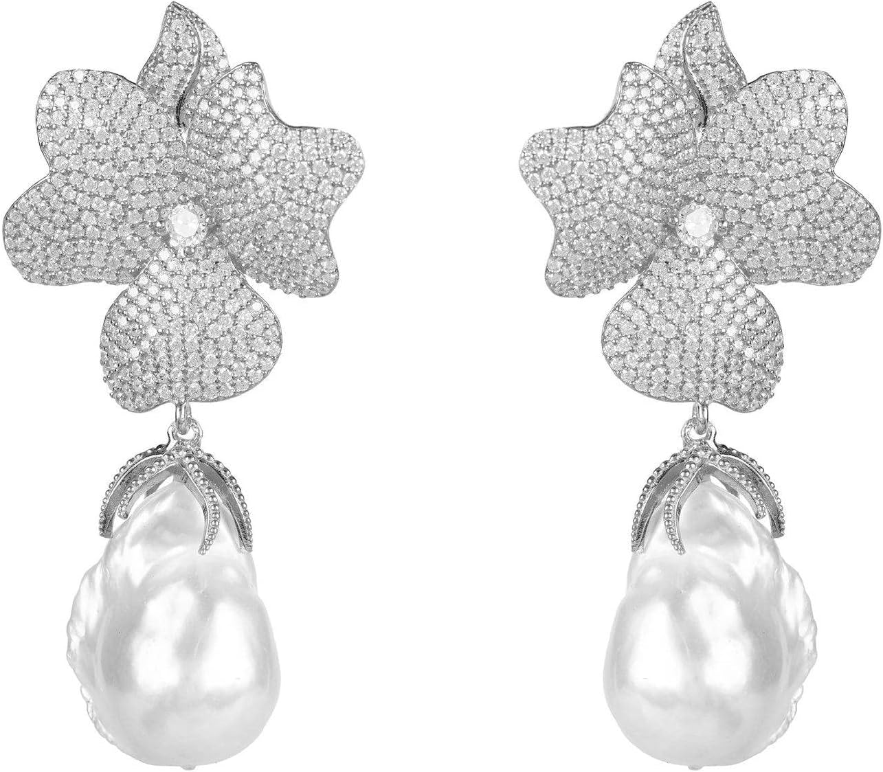 Latelita Baroque Pearl White Flower Drop Earrings, 925 Sterling Silver, Size: 5.5cm x 3cm