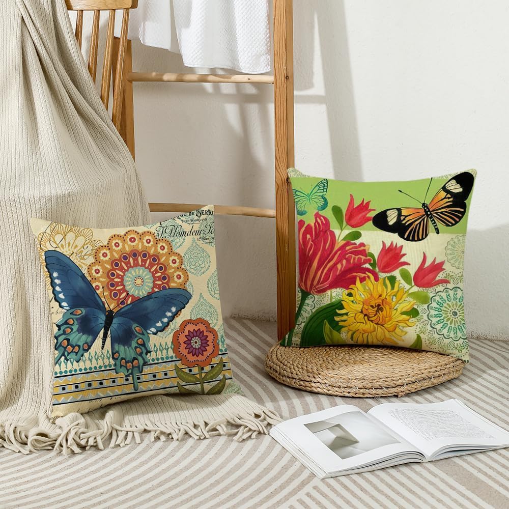 wyooxoo Spring Summer Pillow Covers 20x20 Set of 4 Farmhouse Throw Pillow Covers Linen Flower Butterfly Decorative Pillowcases for Sofa Couch Living Room Outdoor