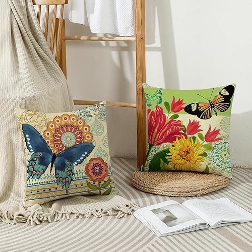 Miniatura 6 de wyooxoo Juego de 4 fundas de almohada de primavera y verano de 16 x 16 pulgadas, fundas de almohada decorativas de lino con flores y mariposas para