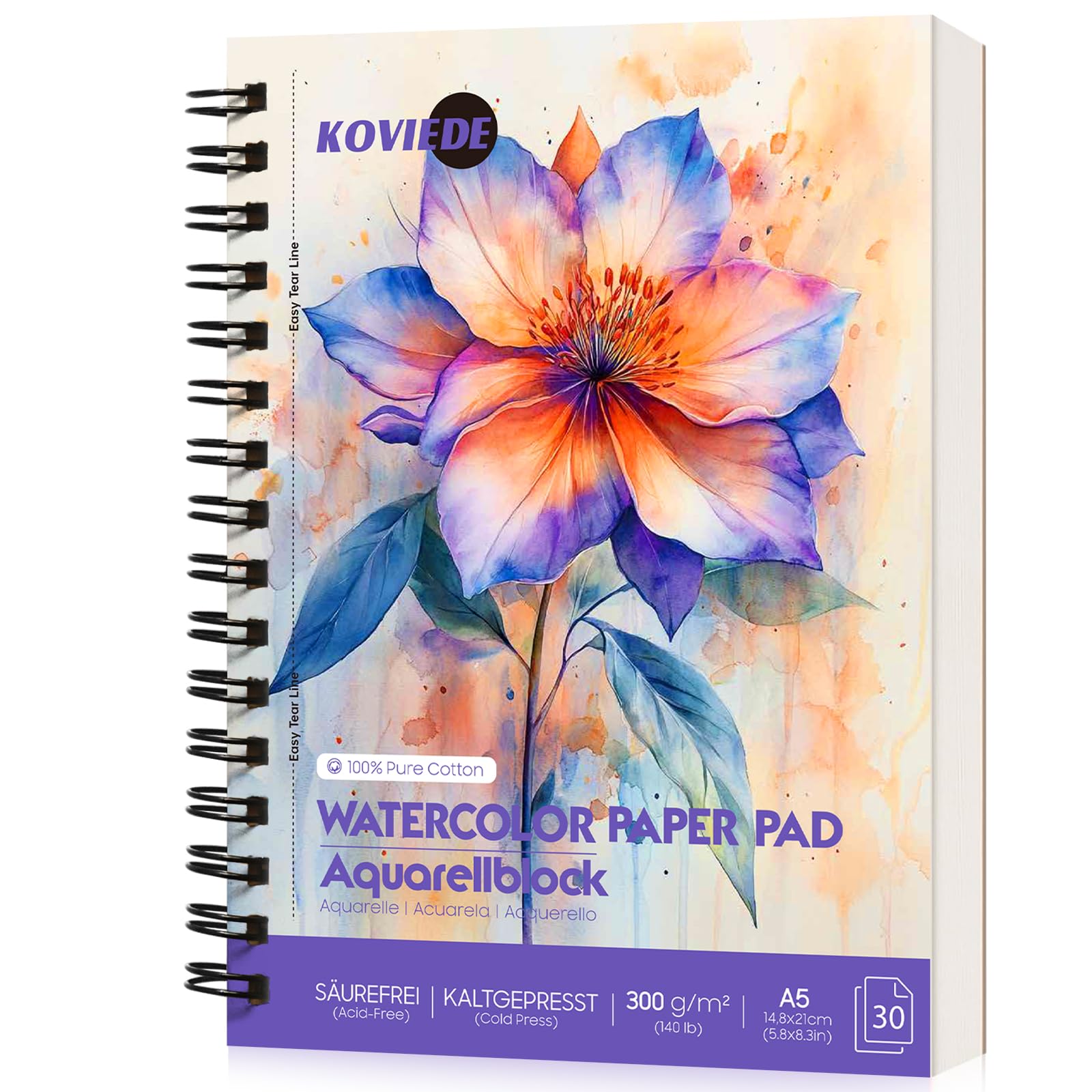 KOVIEDE 100% Cotton Watercolour Paper Pad A5-30 Sheets Spiral Bound, 300 g/m² Cold Press Watercolour Sketchbook, Artist Quality Art Journal Supplies for Adults, Pink