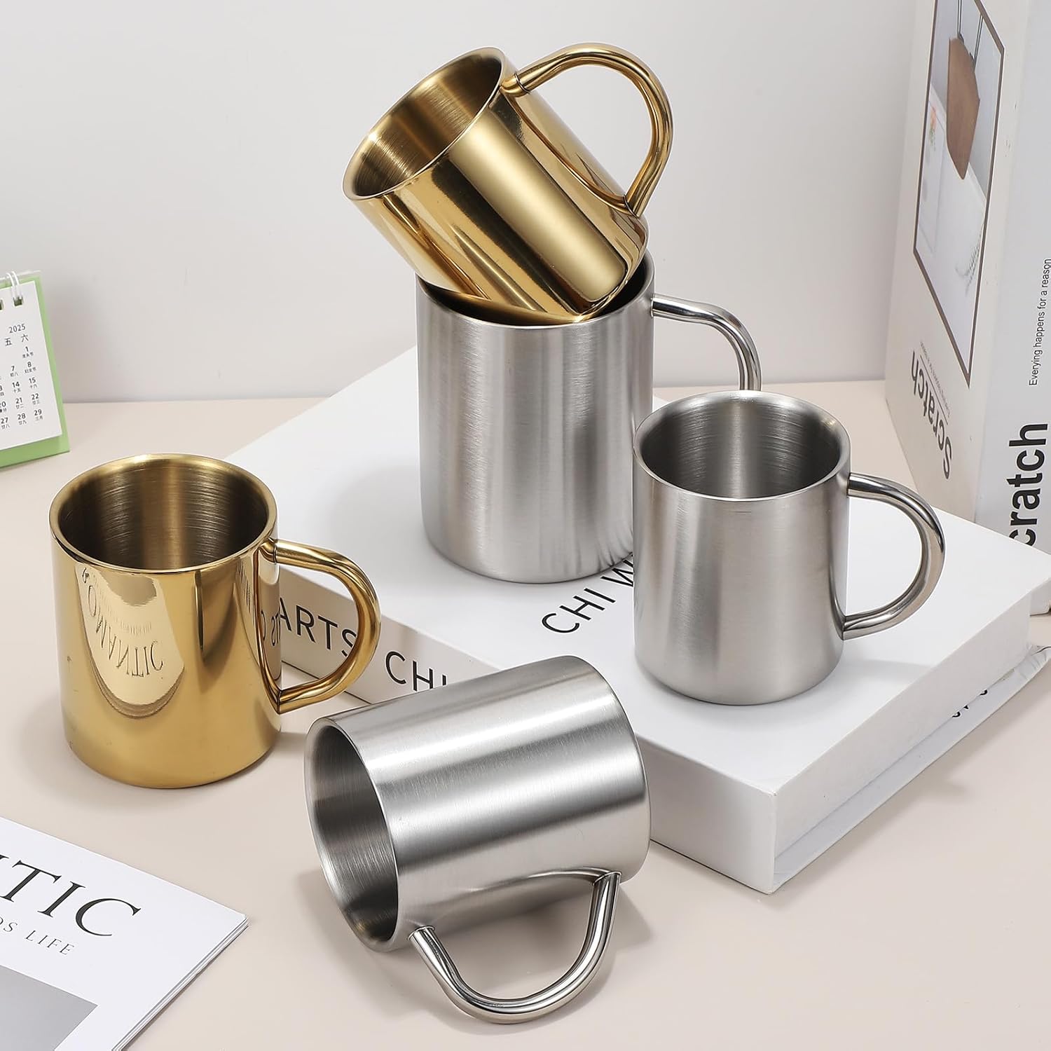 uxcell 2Pcs Stainless Steel Coffee Mugs, 14 Ounces Metal Double Walled Travel Camping Tea Coffee Mugs with Handles for Coffee, Milk, Juice, Tea, and Cold or Hot Drinks (Gold) - Image 4