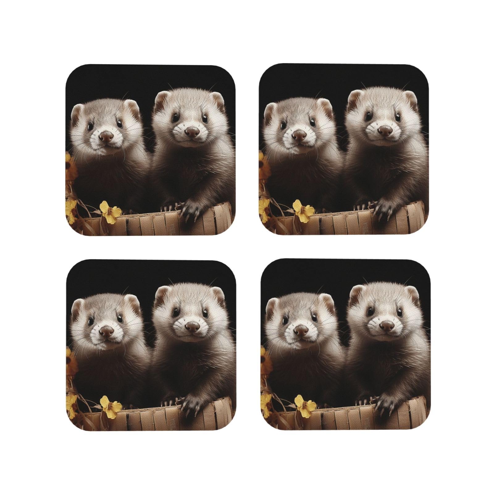 4pcs Drink Coasters for Tabletop Protection, 4" Leather Coasters for Drinks, Ferrets Cup Coasters for Coffee Table Decor, Non-Slip Drinking Cup Mat for Hot Or Cold Drink
