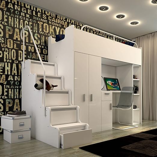 Marlux Hochbett JSM-7 Mit Schreibtisch & Sofa - Weiß Hochglanz 90x200