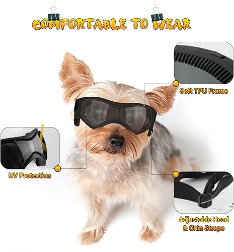 PETLESO Small Breed Dog Goggles, Sunglasses with UV Protection for Outdoor Riding & Driving, Black(Black,Medium)