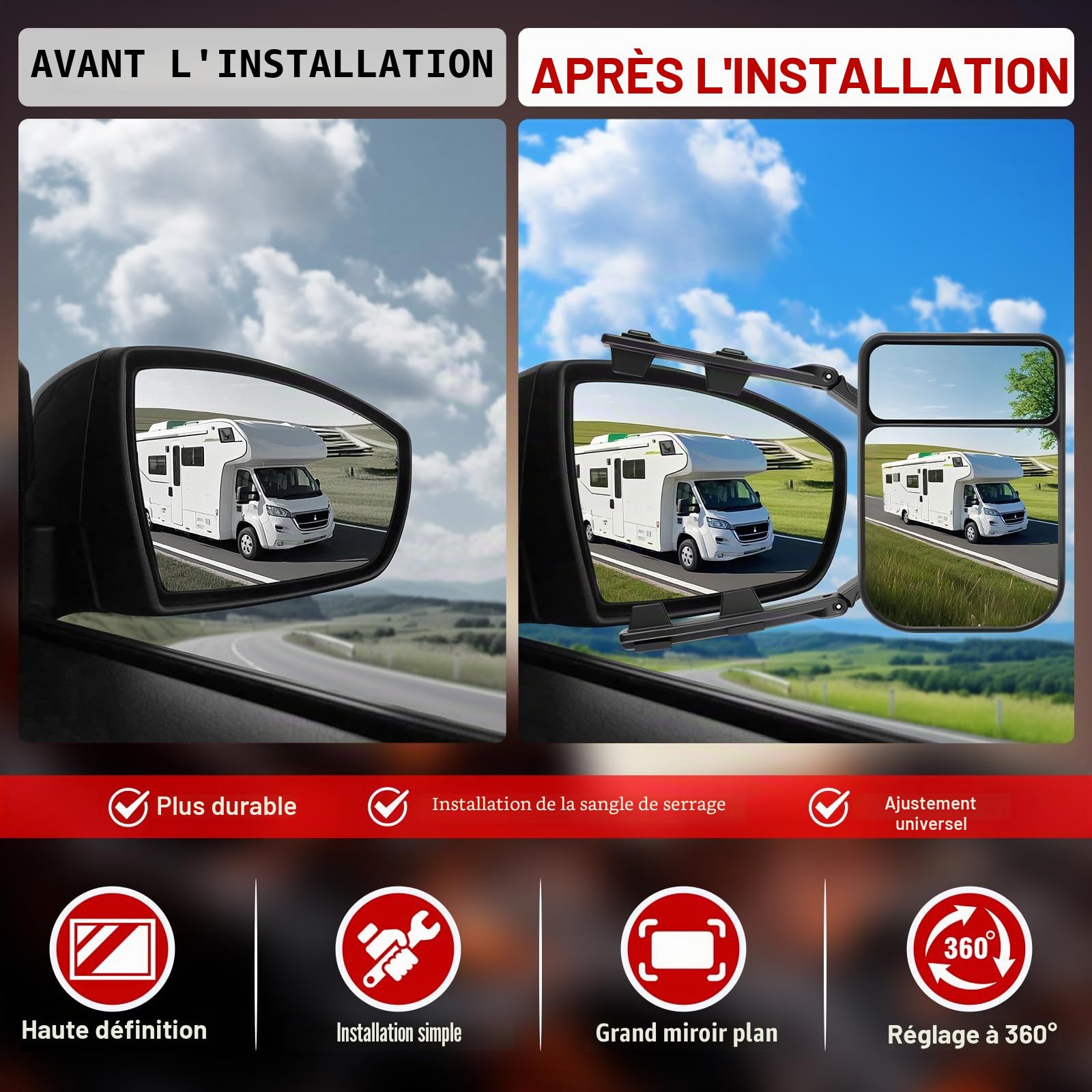 KAOLALI 2pcs Rétroviseur Caravane Voiture Rétroviseurs Extérieurs Camping-car Retroviseur Voiture, Universel Rétroviseur Extension Réglable pour Camping-Car, Caravane, RV