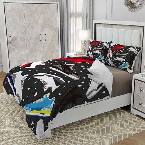 Miniatura 5 de Juego de funda de edredón de zapatos de baloncesto, tamaño King, para adolescentes, deportes, retro, para adolescentes, niños, niñas, dormitorio, 3