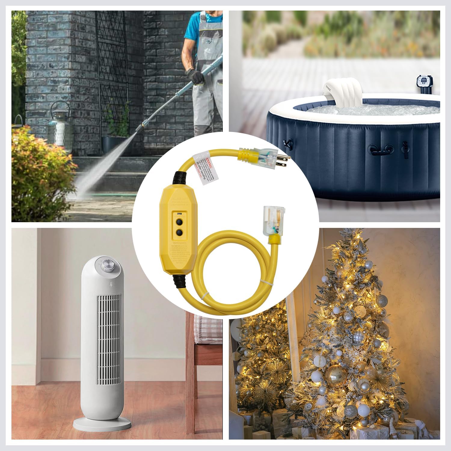 Examples of ELEGRP GFCI extension cord applications including pressure washing, hot tub power, indoor fan, and Christmas lights.