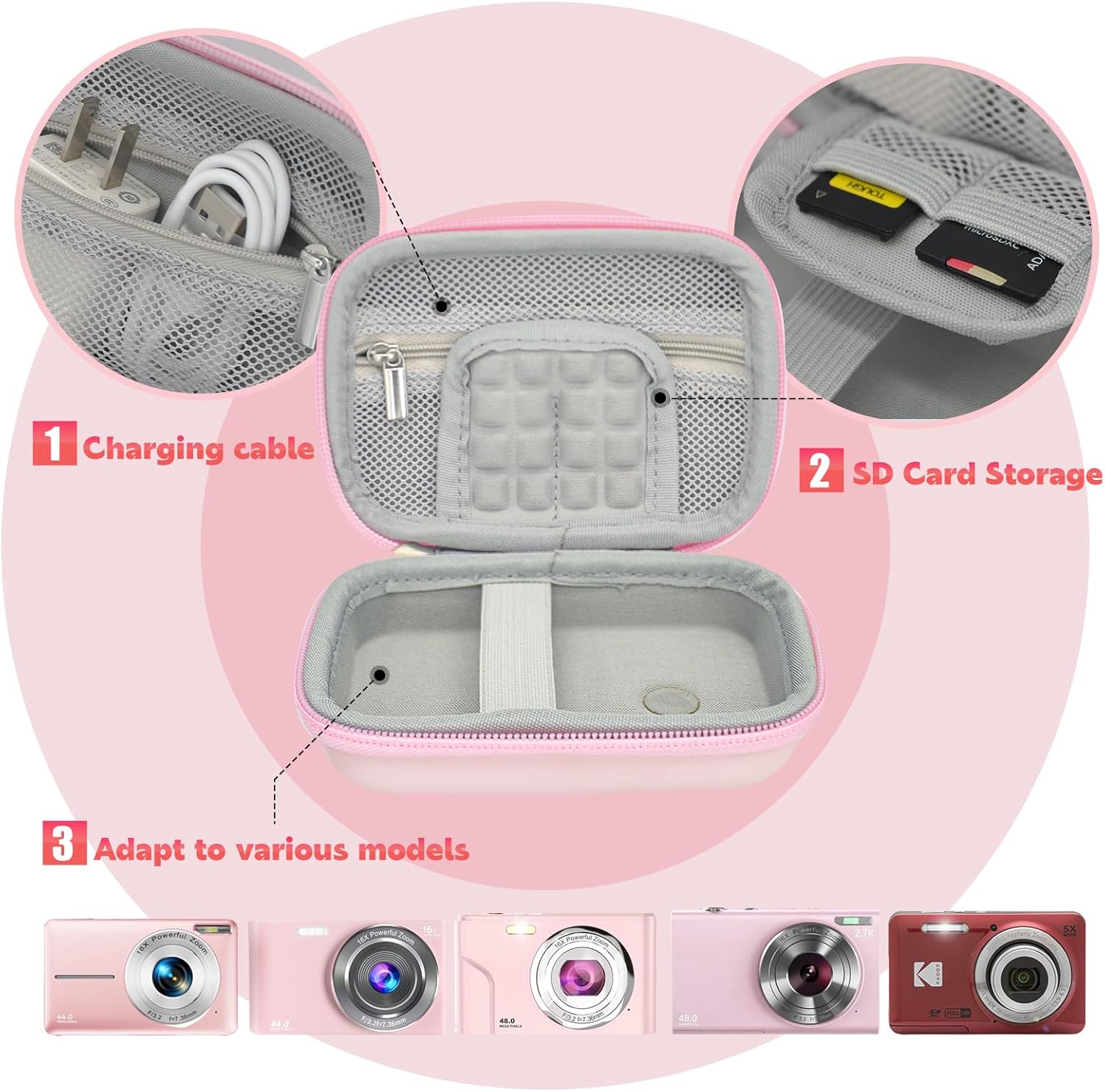 Digital Camera Case for CAMKORY DC403/KODAK PIXPRO FZ55/FZ45/ FZ43/ FZ53/Canon IXUS 285 HS/Sony DSCW800/ DSCW830，Small Cameras Storage Holder for Travel Accessories SD Card Pink (Bag Only) - Image 2