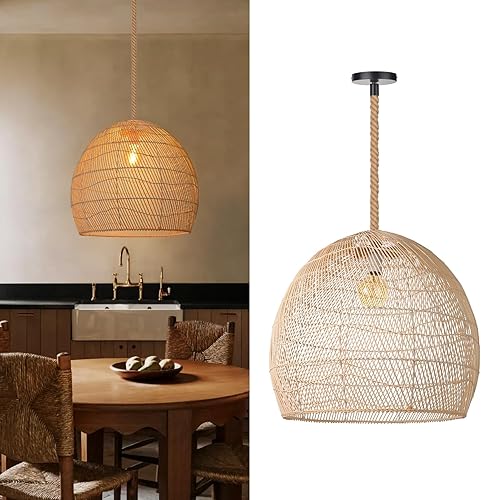 Miniatura 9 de Arturesthome Lámpara colgante de ratán natural para isla de cocina, lámpara de araña tejida, pantalla de techo colgante hecha a mano, lámpara de