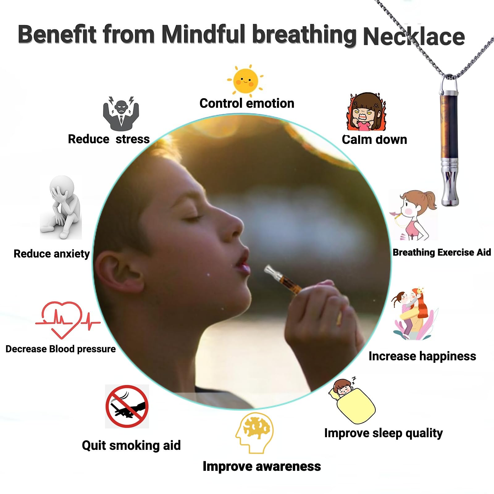 Collar de Respiración con Piedra de Ojo de Tigre y Aromaterapia Cadena de Acero Inoxidable de 70cm Herramienta de Meditación Atención Plena para Calmar,Ayudar a Dormir y Aliviar la Ansiedad el Estrés