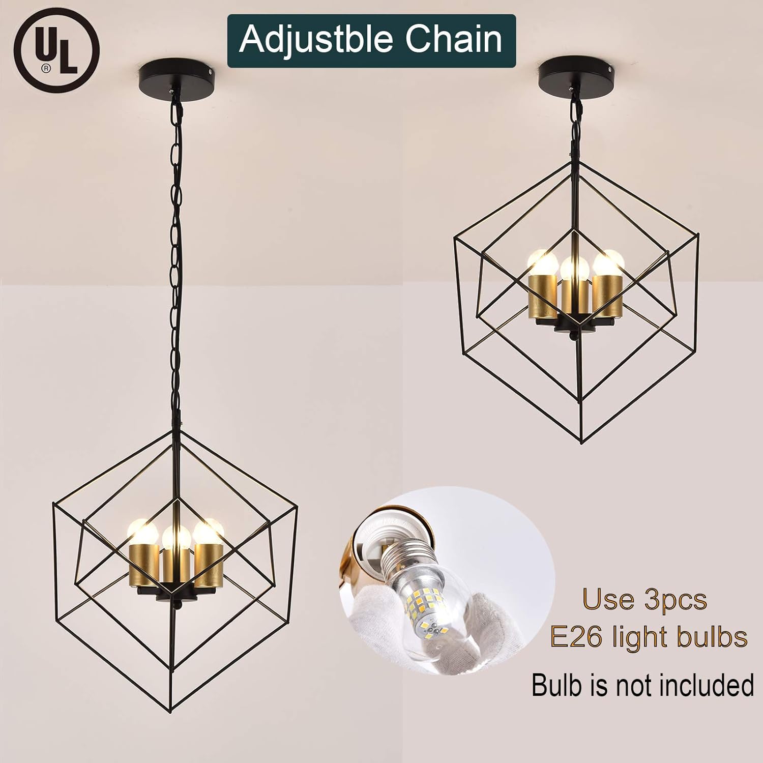 Free Shipping Over $50 CASILVON Pendant Light for Kitchen Island, Gold Pendant Light Fixtures, Hanging Farmhouse Industrial Outdoor Large Vintage 3 Light Ceiling Lighting Fixture for Foyer Bar Kitchen Dinning Room (Black)