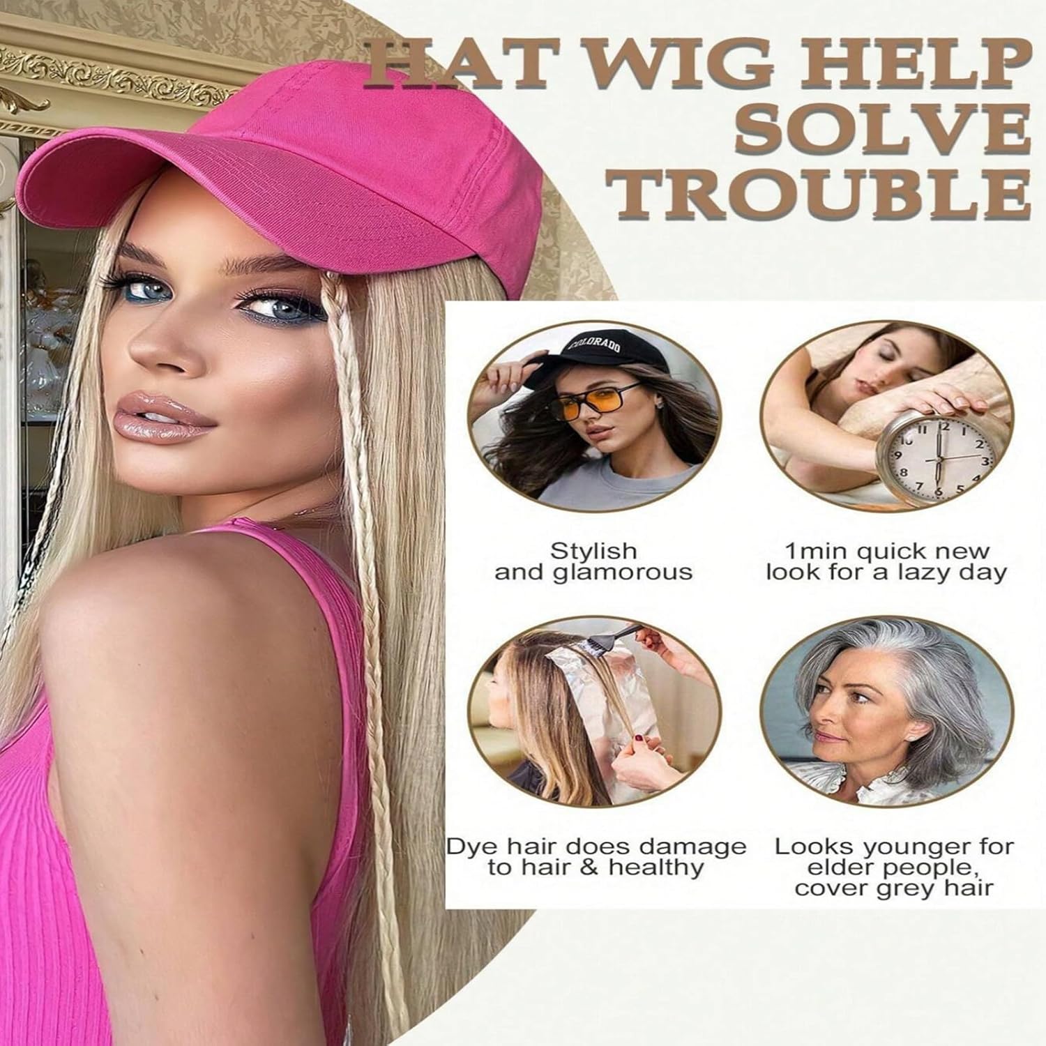 Sun Hat Wig for Women Baseball Cap with Hair Extensions Attached 22" Long Wavy Straight Hairpieces Synthetic Wig