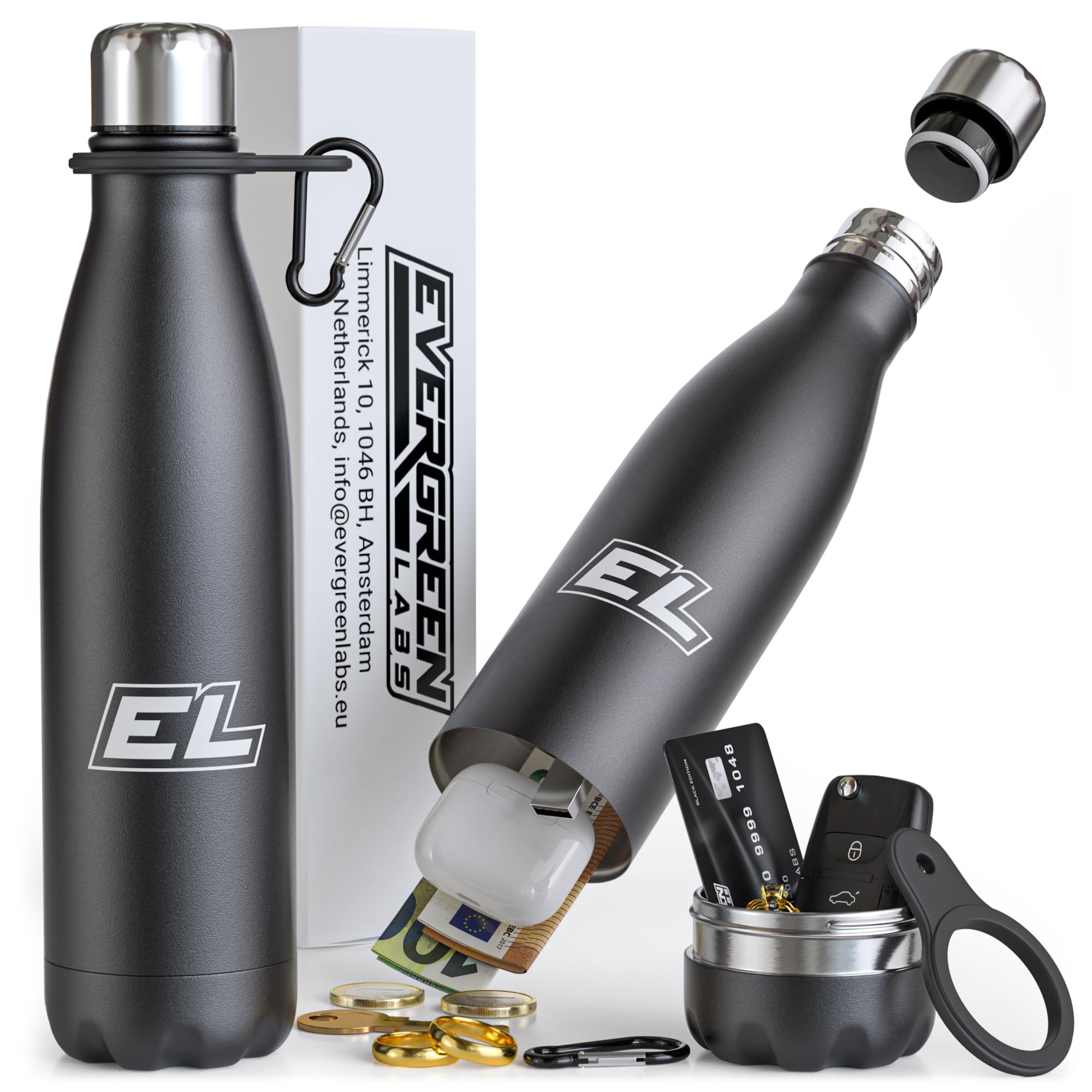 Evergreen Labs Black Water Bottle With Secret Compartment - Secret Hiding Valuables - Stainless Steel Thermos Flask (30.5 Cm) With Large Hiding Place (7 X 7 Cm) For Money, Keys & Jewellery