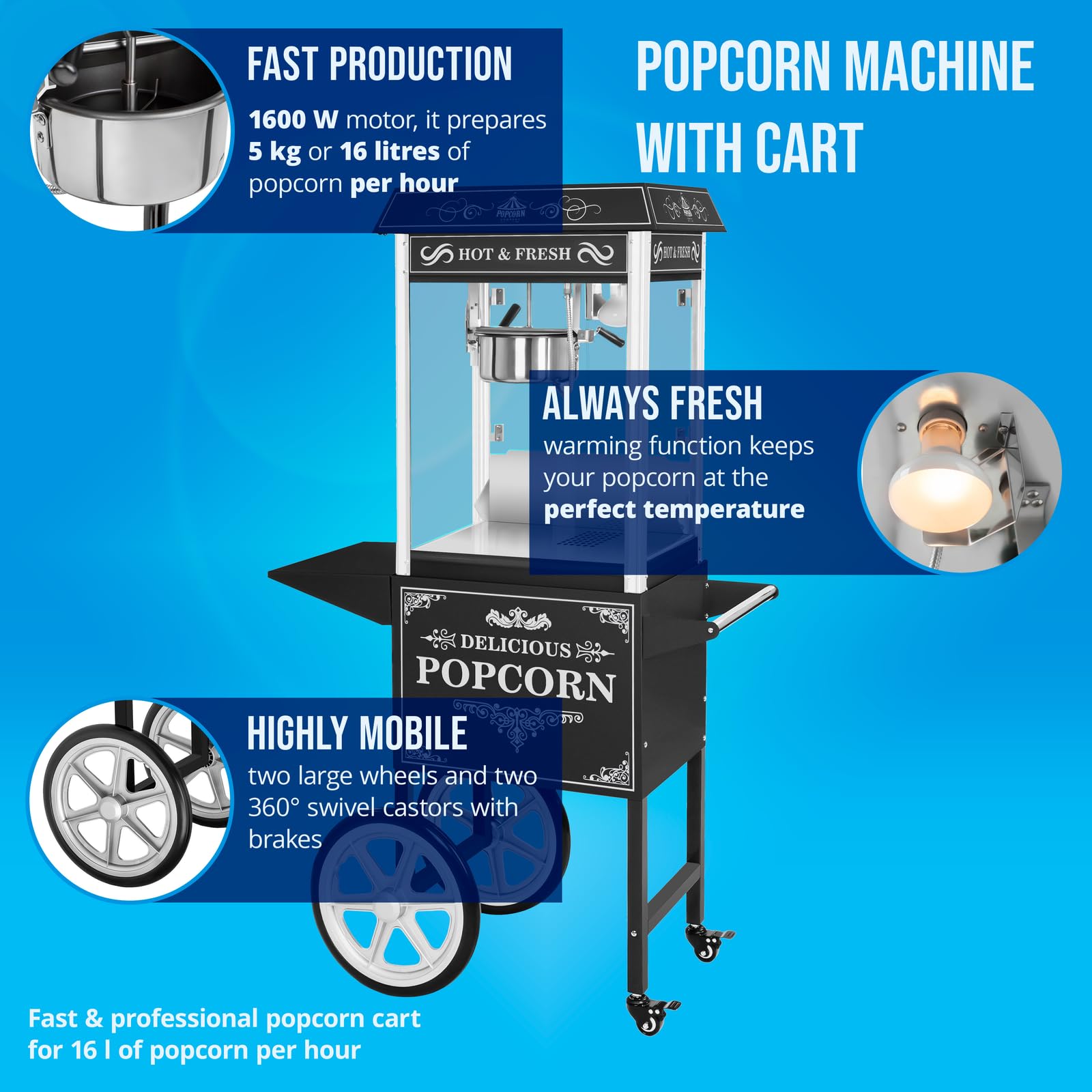 Royal Catering - Macchina per popcorn con carretto - nero - 1500 W