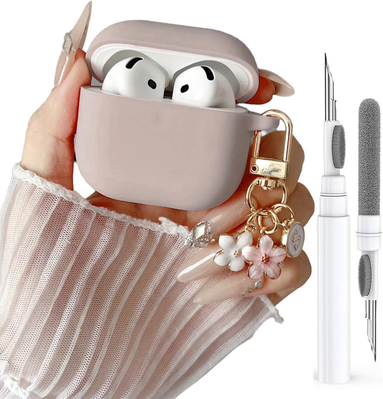 Olytop Cute Case for Airpods 4 Case Cover for Girl Women, Compatible Airpod 4th Generation with Flower Keychain&Cleaning Pen, Soft Silicone Protective