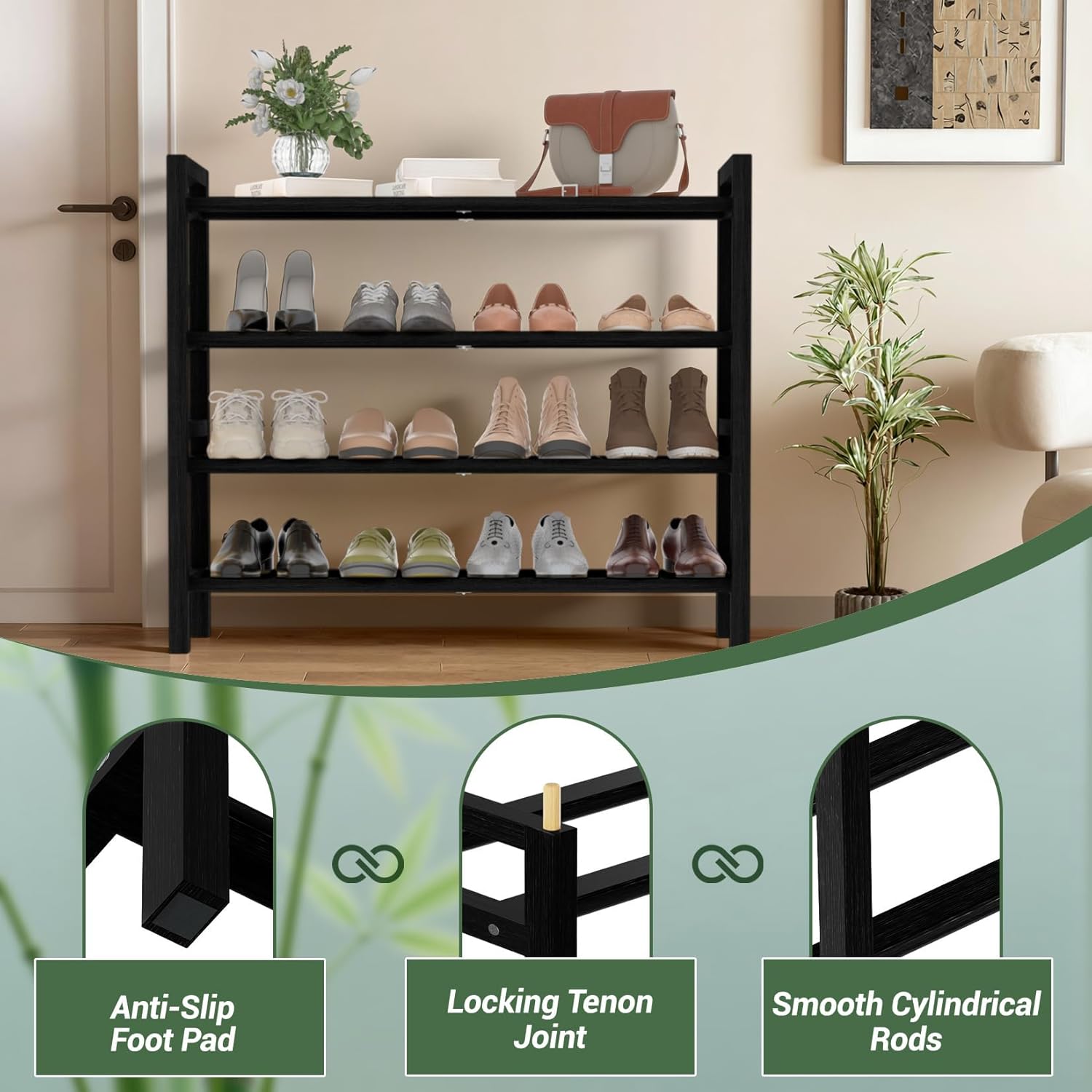 Haddockway Bamboo Shoe Rack for Closet, Free Standing Shoe Organizer with Smooth Round Rods & Convenient Handles, Stackable Shoe Storage Shelf for Entryway, Hallway(Black, 4-Tier)