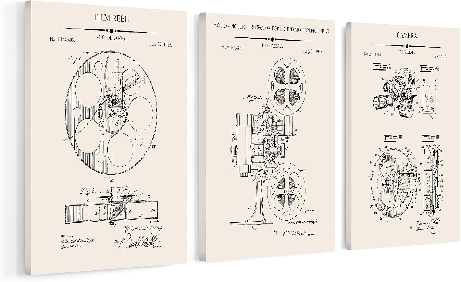 Monem Art 3-Piece Movie Film Reel Blueprint Canvas - Projector Patent Print - Camera Art - Technical Drawing Wall Design - Black & White Office Wall Decor - Available in 8x10 to 30x40