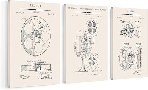 Poster Master Carrete de película de 3 piezas, lienzo con diseño de patente de proyector, arte de cámara, diseño de pared de dibujo técnico,