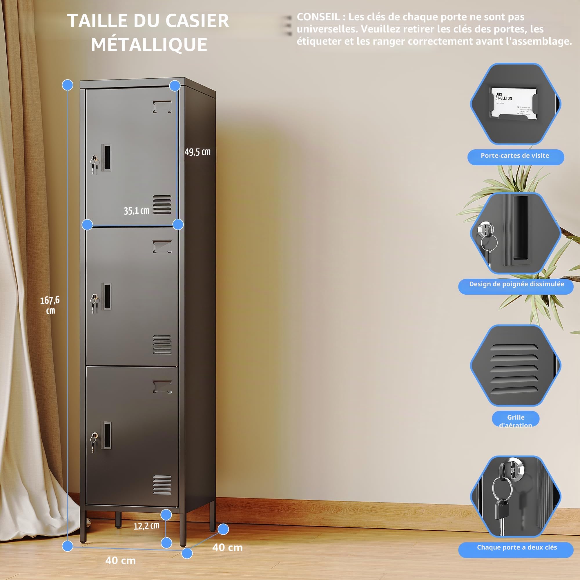 Armoire en métal 3 portes avec porte-cartes de visite 168 x 40 x 40 cm