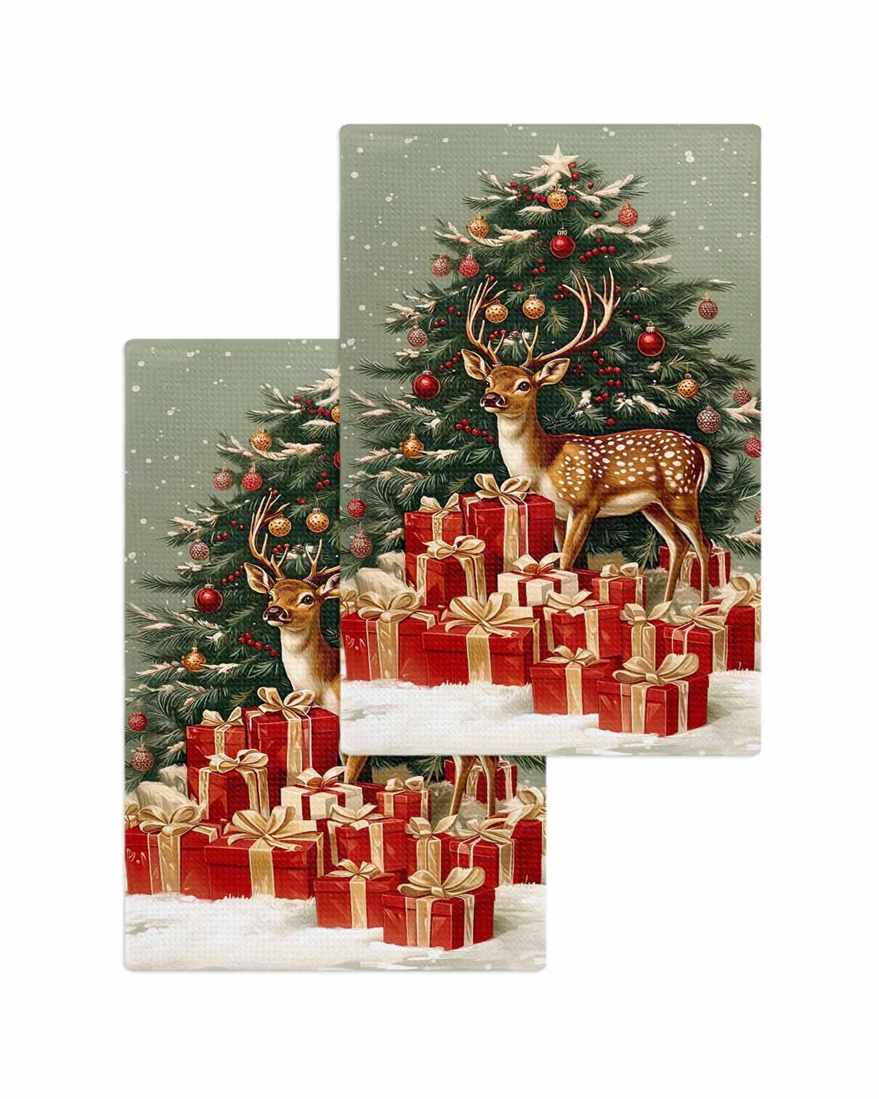 Hokiten Green Christmas Waffle Kitchen Towels Dishcloths, Xmas Elk Tree Snowflake Absorbent Dish Towels | Hand Towels for Bathroom/Bar, 16 x 24 Inch, 2 Pcs
