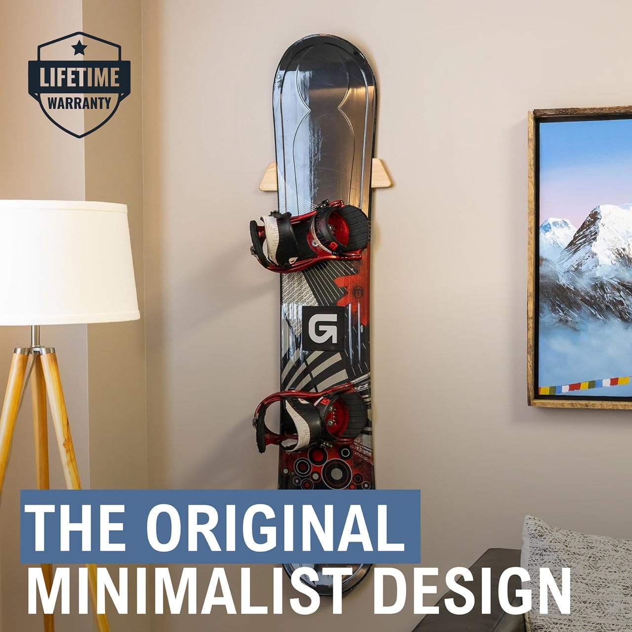 StoreYourBoard Minimalistischer Holz-Snowboardständer, Wandhalterung, Aufbewahrungsdisplay, verstellbare Größe, Massivholz, hält 13,6 kg