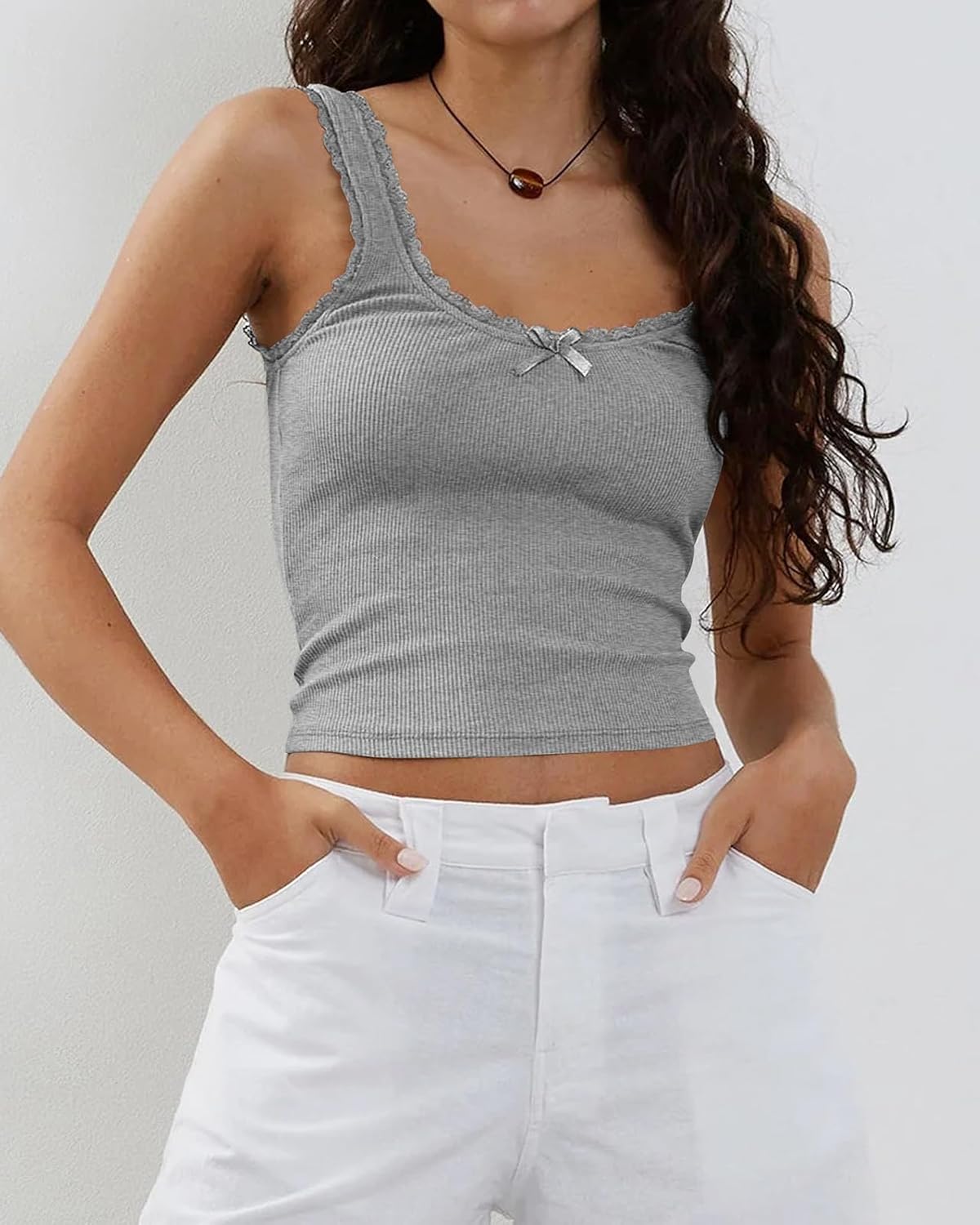 Women's Tank Tops Cute Slim Fitted Ribbed Knit Bow Lace Camisole Top Sexy Summer Square Neck Sleeveless Going Out Tops - Image 7