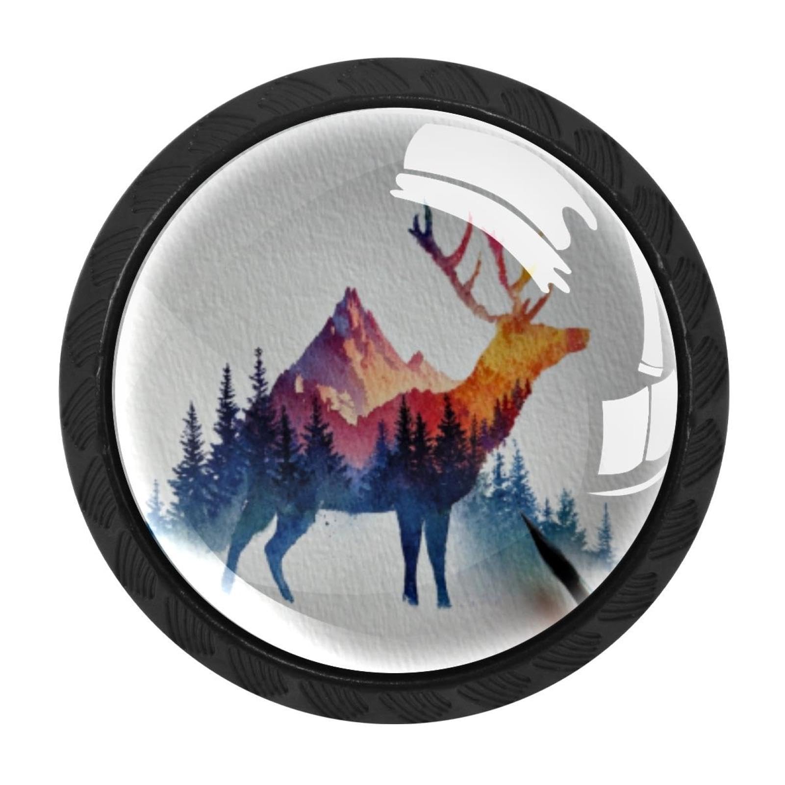 CHENZZZZ 4 Pack Black Watercolor Mountain Deer (8) Drawer Knobs, Cabinet Knobs Round Glass Knobs for Kitchen Cabinet Hardware Bathroom 35MM