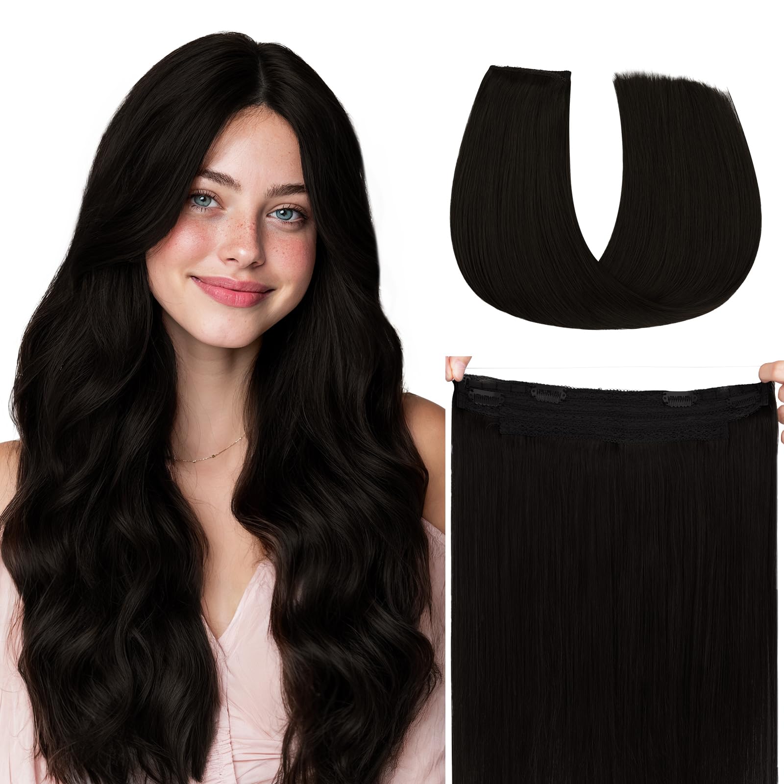 hotbanana Secret Hair Extensions Echthaar, 30cm 70g Remy Haarverlängerung mit Draht Invisible Secret Draht Extensions Echthaar Fish Line Haarverlängerungen Naturschwarz
