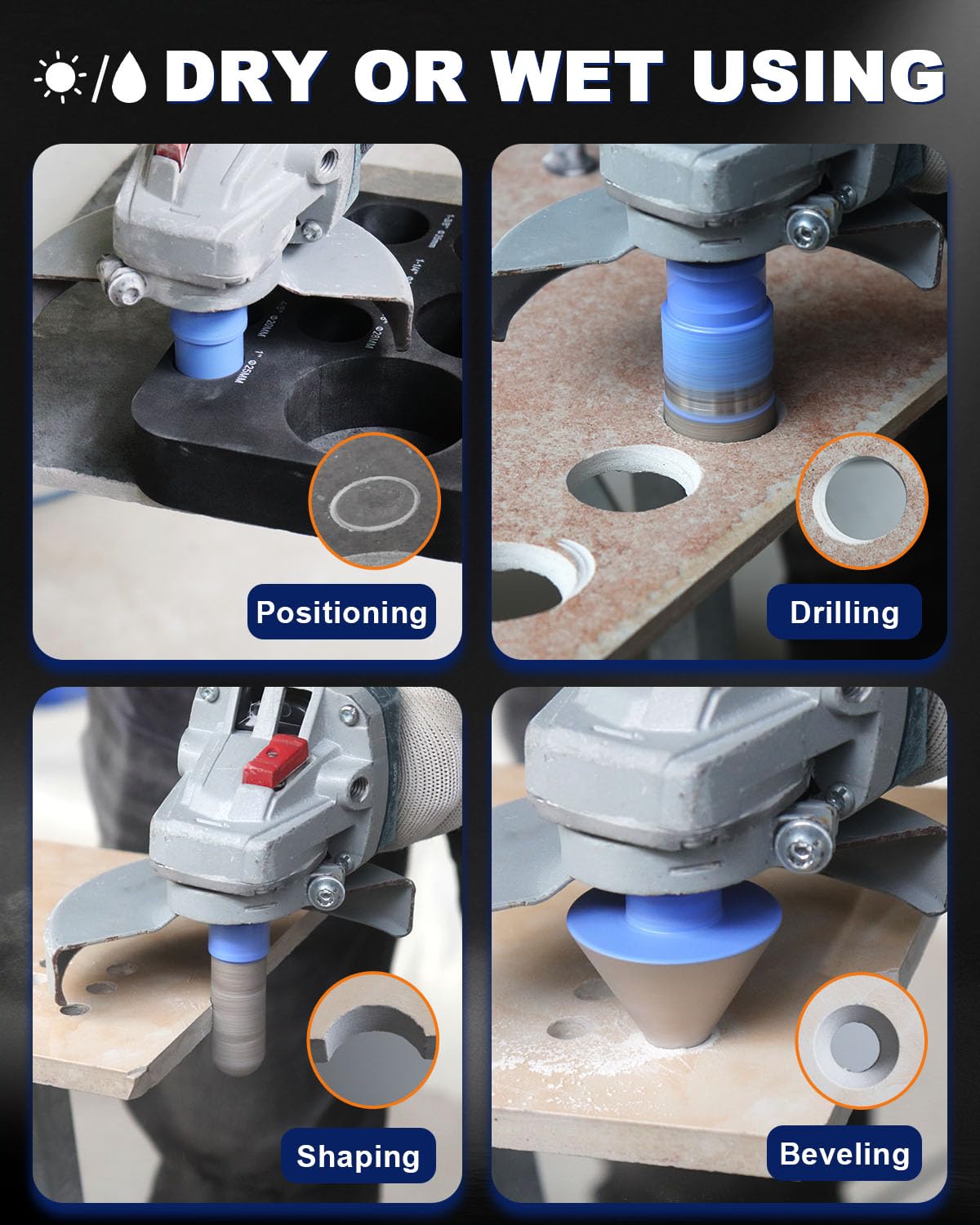 Diamond Tile Hole Saw Kit - 12Pcs 1/4'' X 2, 5/16'', 4/5'', 1'', 1-3/8'', 2'', 3'', 4''Drill Bits, 4/5'' Finger Bit, 2'' Beveling Chamfer Bit, Adapter for Porcelain Tile Ceramic Granite Marble