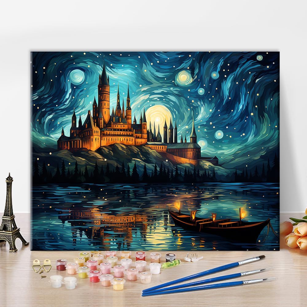 TUMOVO Starry Sky Castle Paint by Numbers for Adults, Seascape and Ship Abstraction DIY Paint by Number Kits on Canvas, Paint by Numbers for Beginner Kids - Home Wall Decor, Frameless 16"x20"