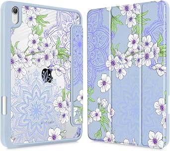 Mektron Printed Case for iPad mini 7 A17 Pro 2024/ Mini 6 2021, iPad mini 7th/6th Generation 8.3-inch Liquid Retina Display Cover, Buit in Pencil Holder with Clear Back Shell, Blossom Sakura-Blue